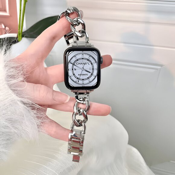 Stylish Metal Adjustable Strap Chain Stainless Band For Apple Watch - Silver - Picture 1 of 8